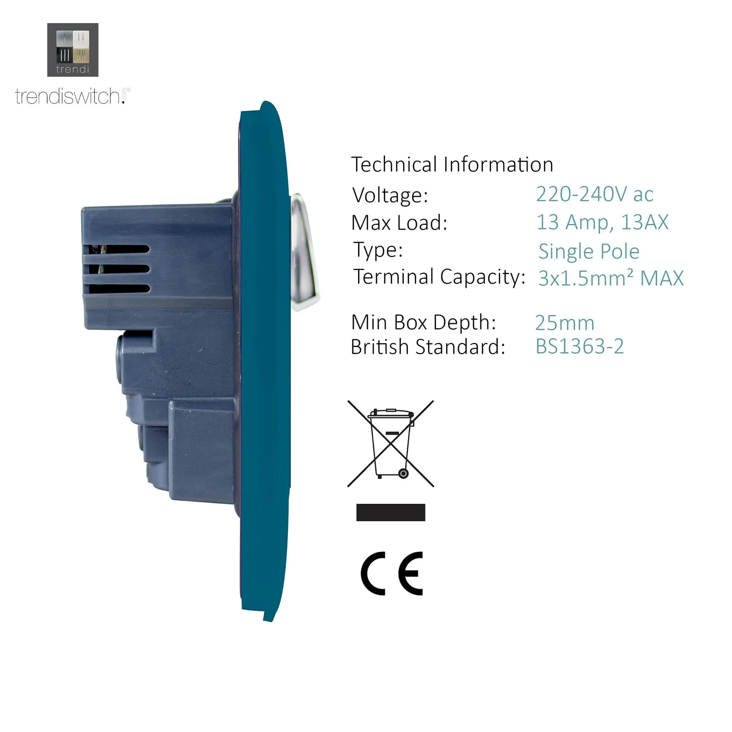 1 Gang 13Amp Switched Single Socket With 2 x USB Midnight Blue ART-SKT13USBMD  Trendi Midnight Blue